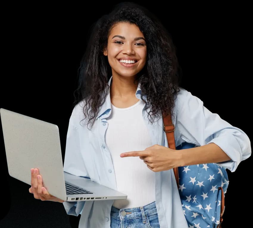 Smiling teacher holding a laptop and pointing at an approval request message, showcasing Schoolvoice’s interactive platform for school-parent engagement